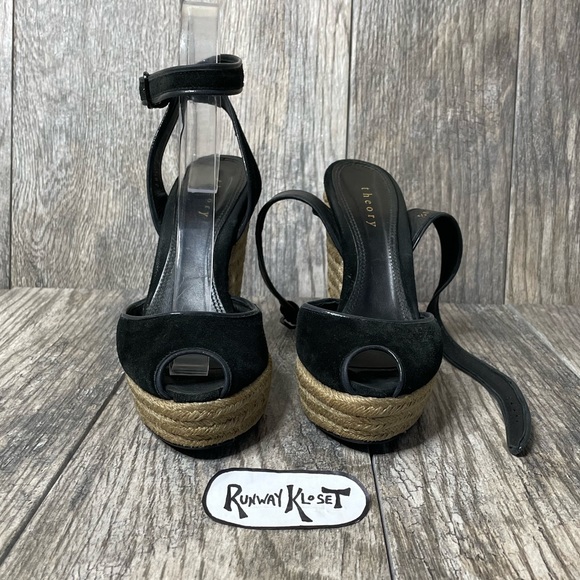 THEORY Espradille Wedge Platform Sandals Ankle Strap Black Suede EU 38.5 /US 8.5 - Picture 4 of 11